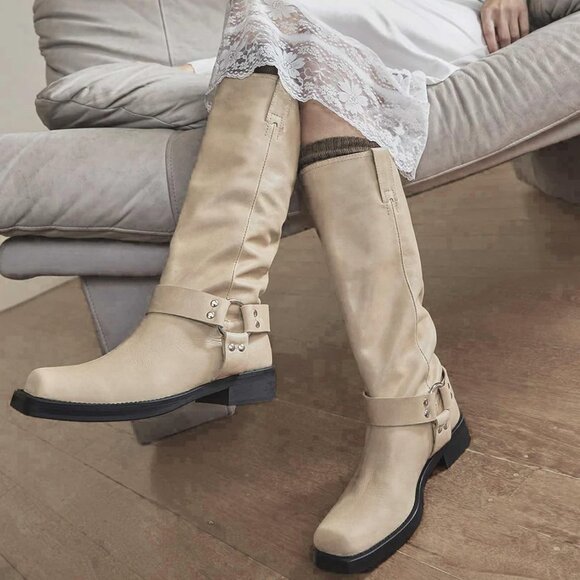 Women's Polyurethane Beige Squared Toe Knee High Tall Riding Motorcycle Boots - Picture 2 of 7